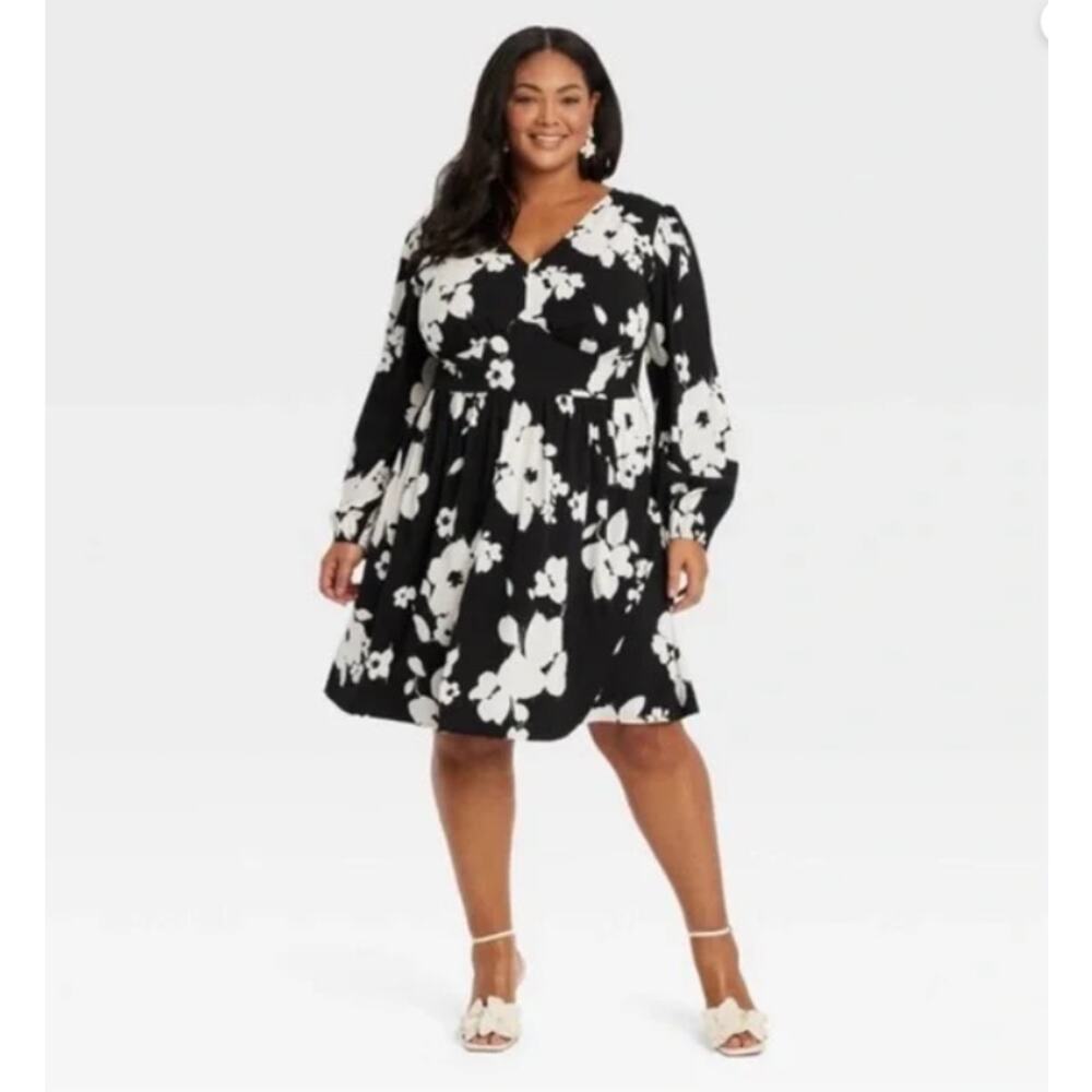 Ava & Viv Floral Black & White Dress, Sz 2X